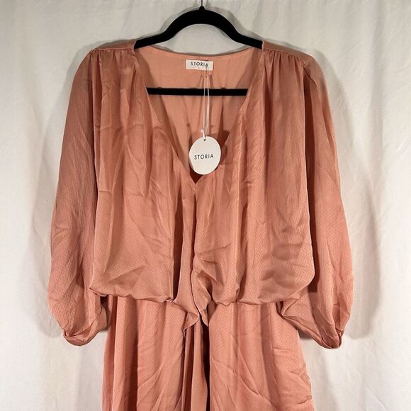 New STORIA Mini Dress Women's Large Pink Vneck Tie Elastic Waist Short Sleeve - Picture 2 of 10